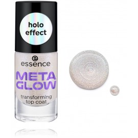 Essence Meta Glow Transforming Top Coat nagu lakas virskārta ar daļēji caurspīdīgu sudraba/zilu mirdzumu